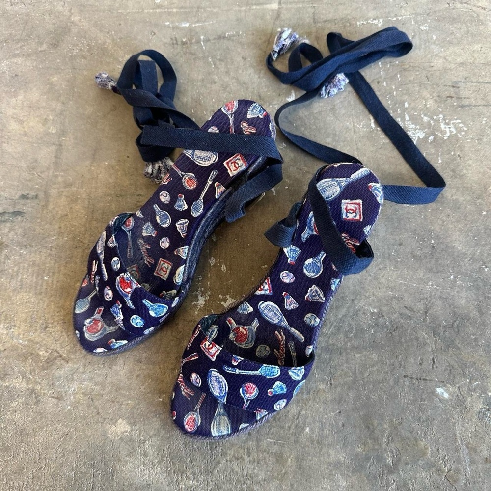 Chanel Badminton Print Lace Up Wedges Size 7